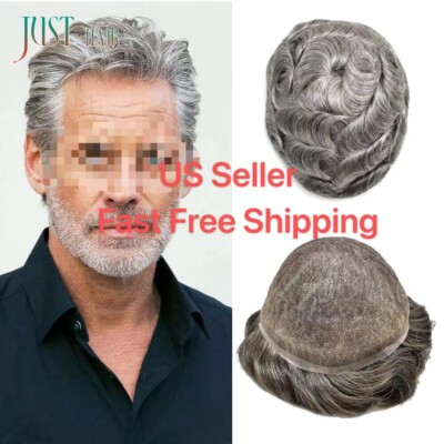 Full Swiss Lace Mens Toupee HairPiece Gray Hair System Replacement for Men US