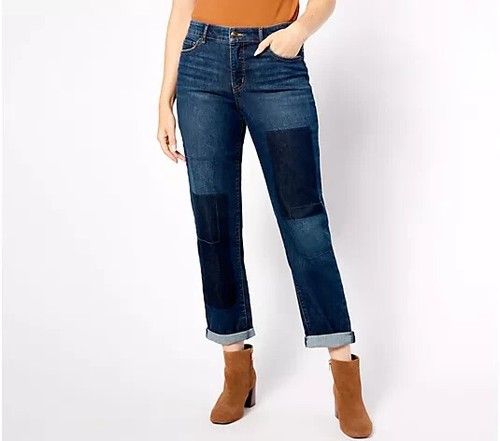 #102 LOGO by Lori Goldstein Petite Shadow Patch Boyfriend Jeans Gr. 10P