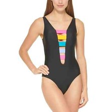 Dkny Women's Black Stretch Wide Strappy Plunging One Piece Swimsuit Size 4