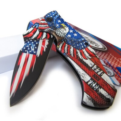 EAGLE FLAG Spring Assisted KNIFE Patriotic Red White Blue Pocket Folding Folder