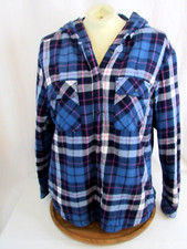 Boston Traders Button Down Hooded Jacket Womens Sz XL Sherpa Lined Plaid Blu/Pur