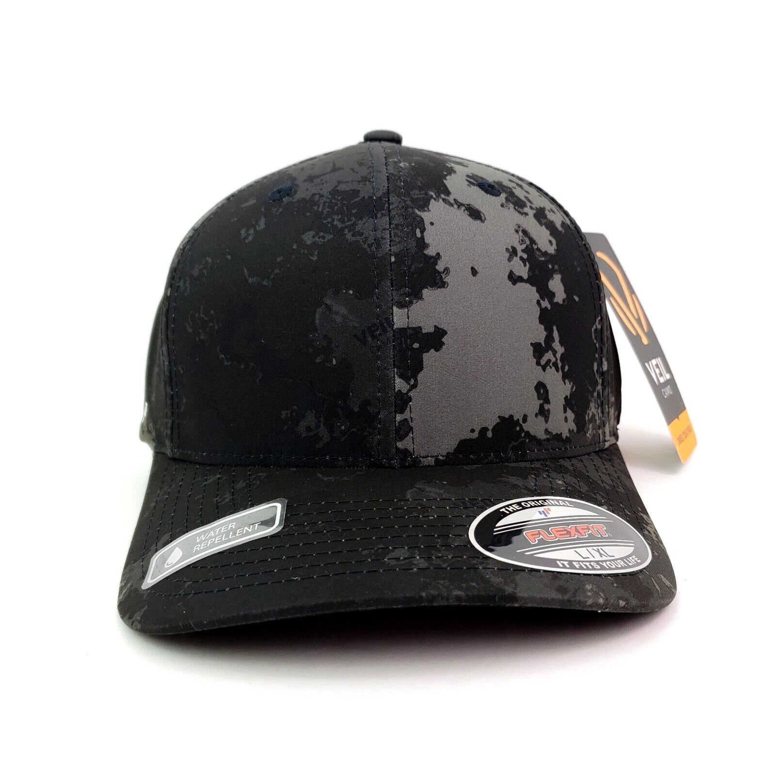 Yupoong Flexfit Veil Camo Mens Sz L/XL Black Gray Water Repellent Cap Hat
