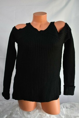HOOKED UP (M) Sweater Chunky Ribbed Knit BLACK Cold Shoulder  MSRP $44.00