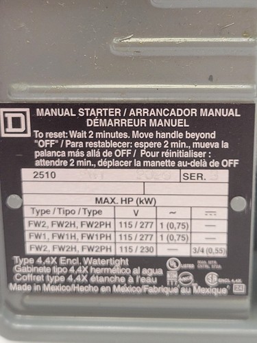 Square D 2510FW1 FHP Manual Starter 115/277V 1P 1PH Watertight Enclosure Toggle - Picture 3 of 12