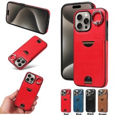 For iPhone 17 Pro Max 16 15 14 12 11 XR 7 Leather Card Ring Holder Wallet Case