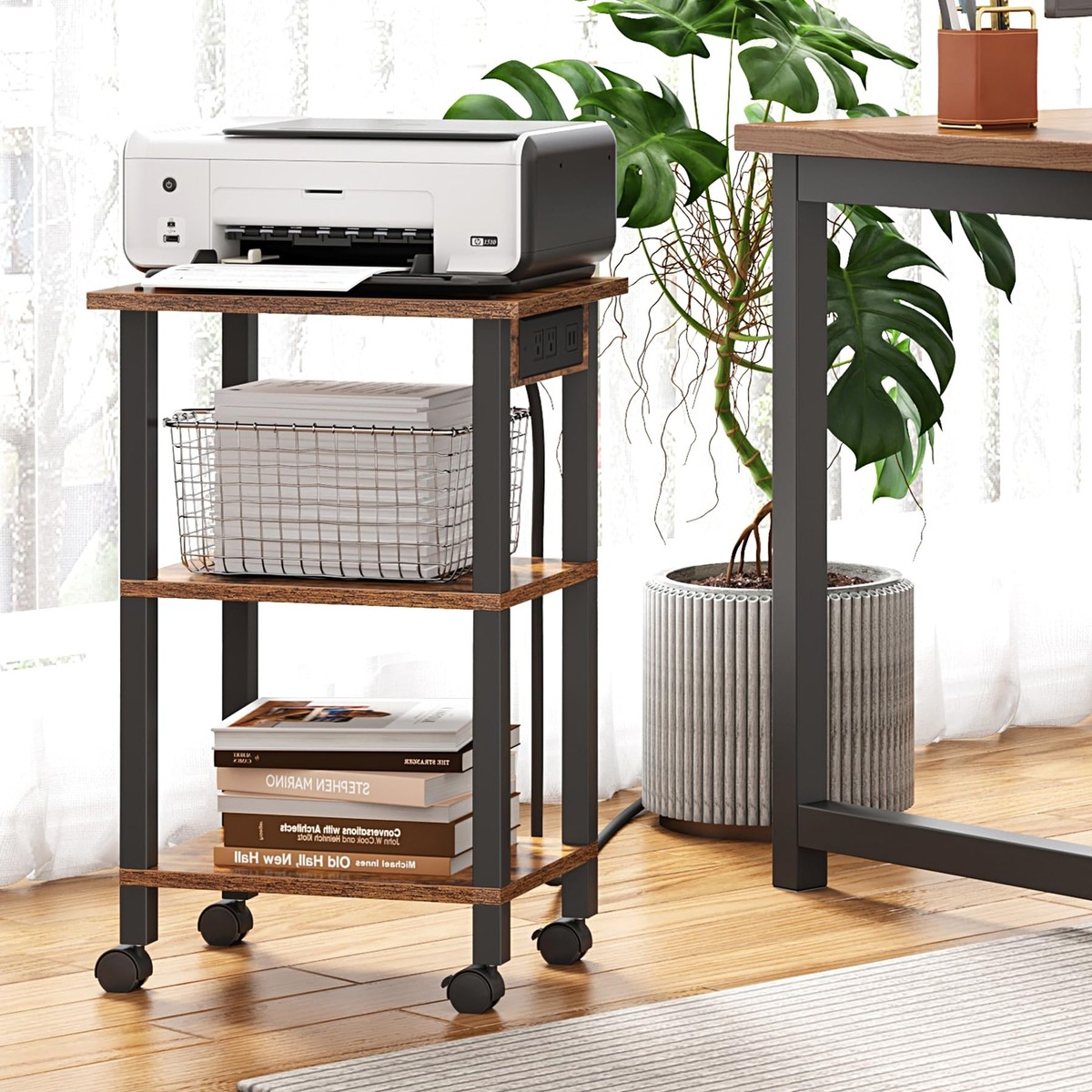 3 Tier Printer Stand Rolling Printer Cart with Power Outlets and