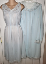 Vintage Shadowline Gown Robe Set M Icy Blue Lace Trim Nylon Nightgown Rosebuds