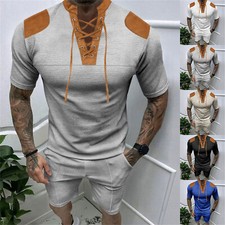 Mens Sweatsuits 2 Piece Short Sleeve Laceup T-Shirt Tracksuit Sets Shorts Suits