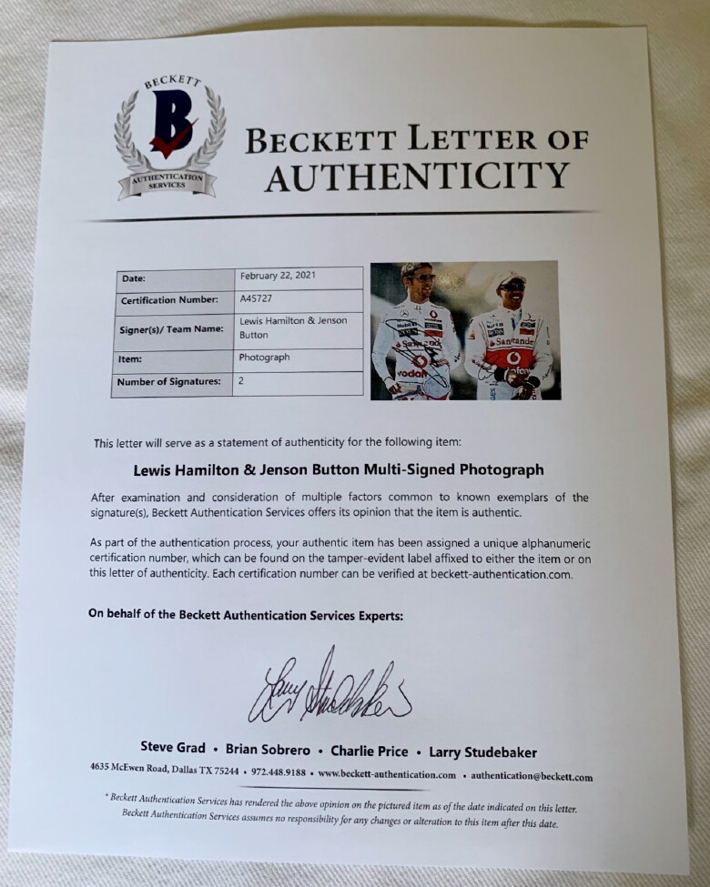 Lewis Hamilton & Jenson Button signed 11x14 photo F1 McLaren