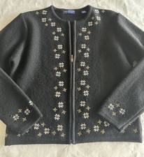 KAREN SCOTT Snowflake Winter Embroidery Beaded 100 Wool Cardigan Black Womens L