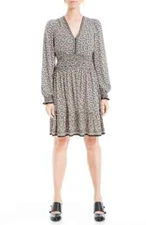Max Studio $148 Black/Coral  Buds Long Sleeve Smocked Waist Fit & Flare Dress M