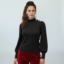 Tahari 100 Cashmere Sweater Womens Large 2 Ply Black Embellishments Mock Neck