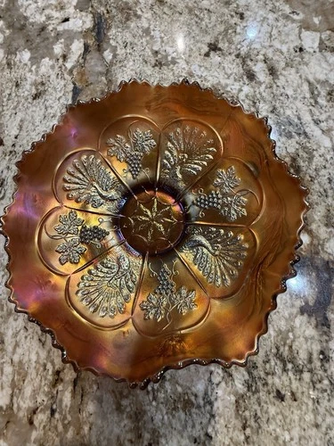 Antique Fenton Amethyst Carnival Glass Bowl Peacock & Grape Ruffled Collar Base