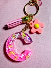Handmade Resin Initial Keychain Letter C Confetti Pink Personalized Gift