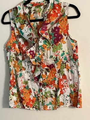 PECK & PECK Weekend Colorful Watercolor Floral Ruffle Blouse Women Size 12
