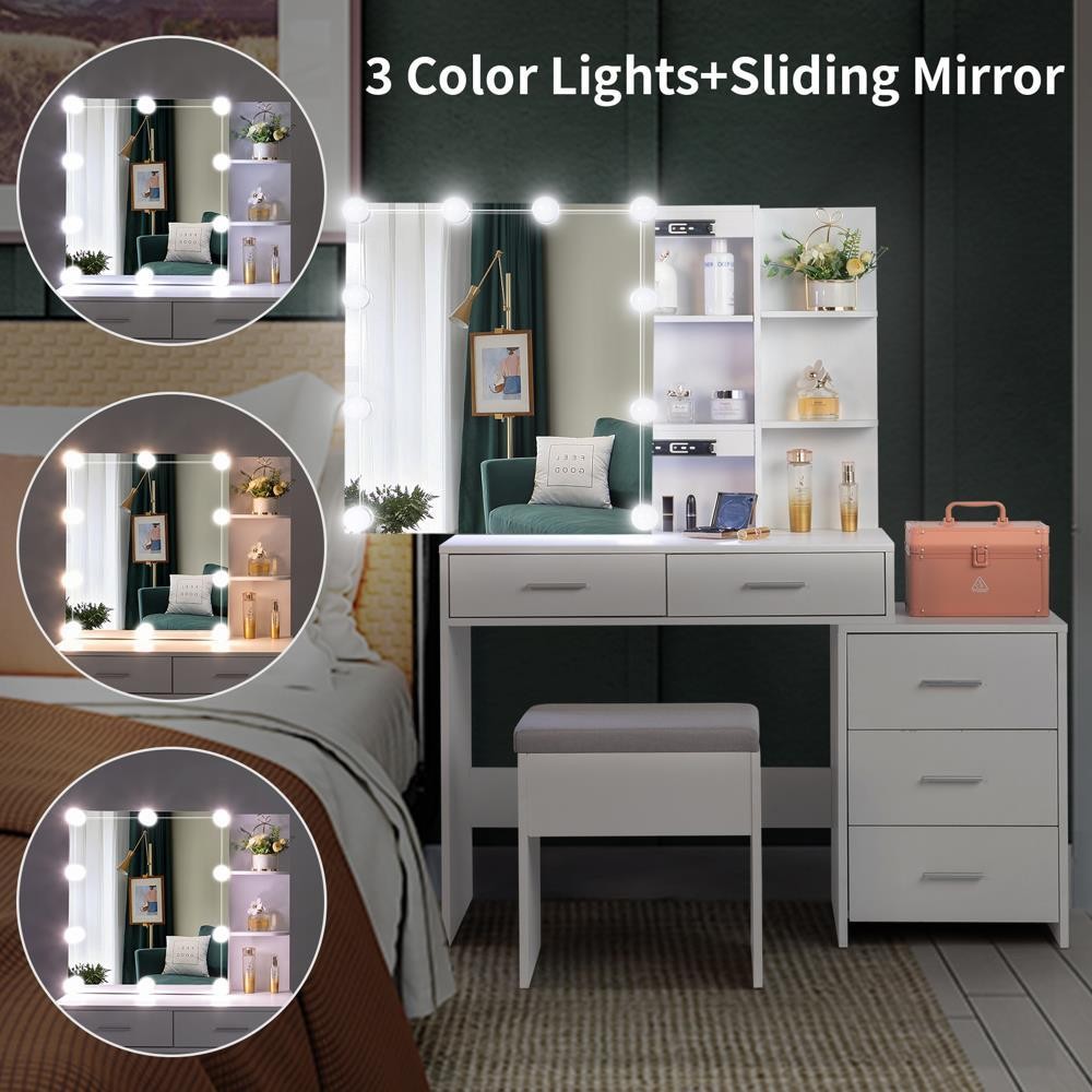 Dressing Table Vanity Set 10Led Bulbs Sliding Mirror Cabinet w/ 5 Drawer  White | eBay