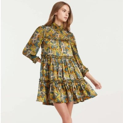 Cinq à Sept Brady Eucalyptus High Neck Tiered Mini Dress NWOT Size 8