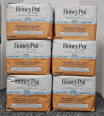 6 X The HONEY POT Herbal-Infused 100% Cotton Pads W/ Wings 16 Ct/ea - OVERNIGHT