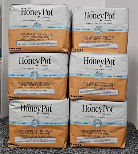 6 X The HONEY POT Herbal-Infused 100% Cotton Pads W/ Wings 16 Ct/ea - OVERNIGHT