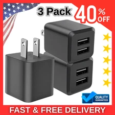 3-Pack Dual USB Wall Charger Cube Power Adapter – Black Fast Charging
