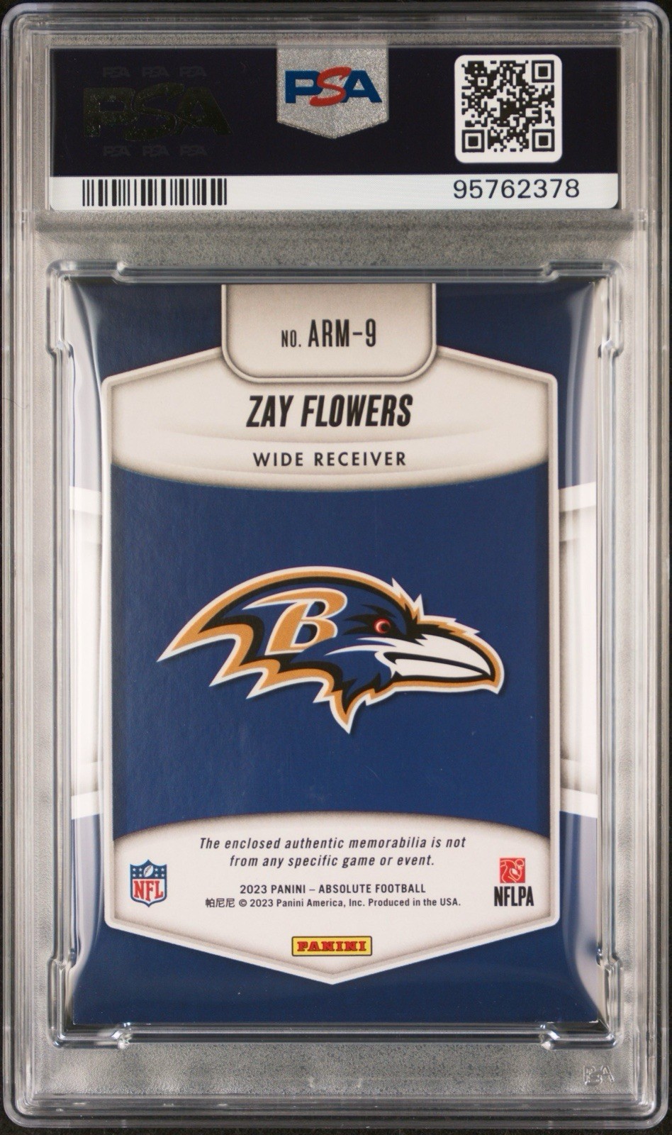 2023 Absolute - Absolute Rookie Materials Zay Flowers #ARM-9 Gold /99 RC PSA 6 view 2