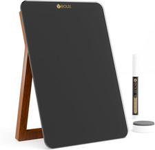 Desktop Black Glass Dry Erase Whiteboard with Reversible Wood Stand, Small Porta