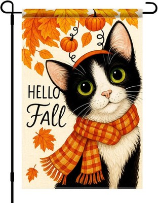 BlissYard Hello Fall Garden Flag Black White Cat Decor 12x18 Inch | Double sided