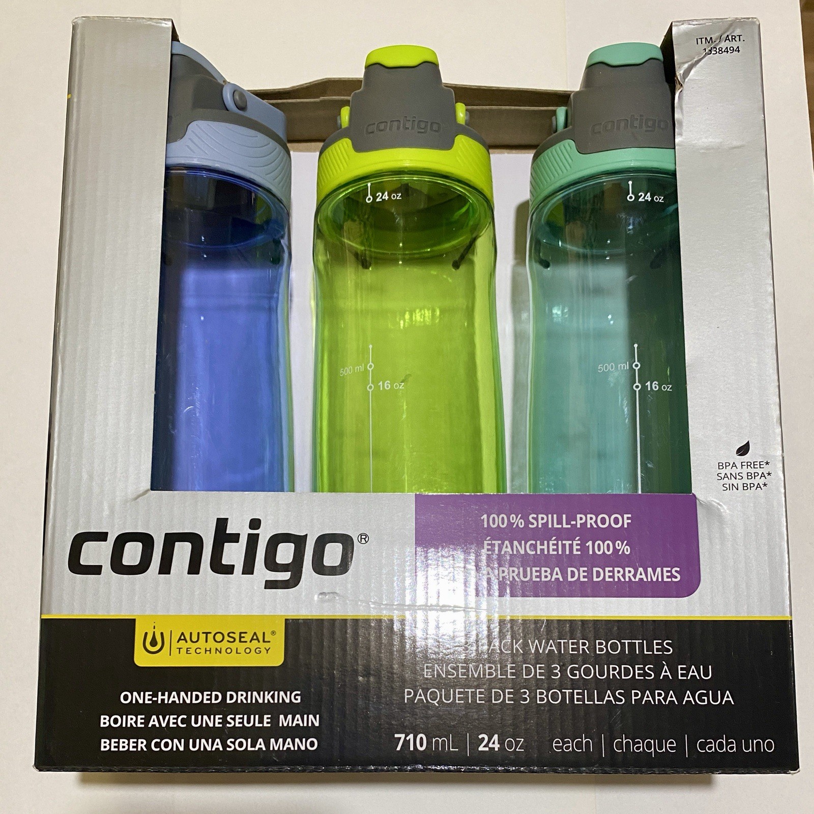 AUTOSEAL 24oz. Spill-Proof and BPA Free Water Bottle, 3-pack NIB