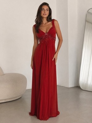 Vintage Riva Designs Red Beaded Satin Prom Dress 8 Y2K Gown Sequin Maxi Long