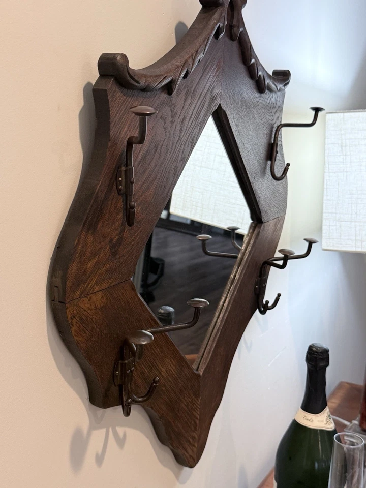 Antique Entry Hall Tree Mirror Quartersewn Oak Circa 1920 6 Cast Iron Hat Rack - Image 2 of 4
