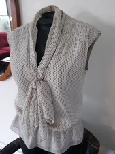 MAX STUDIO Cream & Black Polka Dot Short Sleeve Bow Blouse w/Peplum S