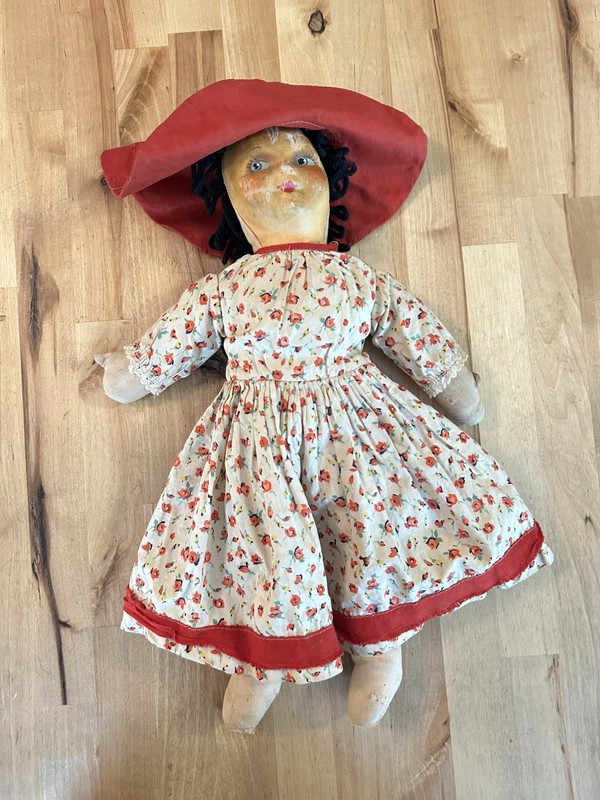 Antique Minumet Of France OLD RAG DOLL, PAINTED FABRIC FACE Cloth Body 16”