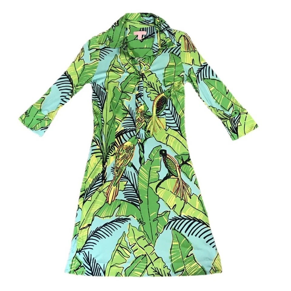 LILLY PULITZER 100% Silk Palm and Parrot 3/4 Sleeve Tie Front shirt dress Size 8 - Image 2 of 4