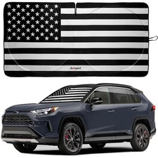 Autopect Windshield Sun Shade - American Flag Design, High Medium USA B W FLAG