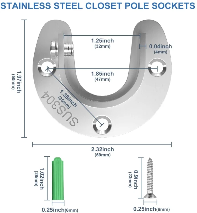 Soportes de soporte de varilla de armario de acero inoxidable de 6 piezas - Brida en forma de U de alta resistencia S Foto 2 de 4