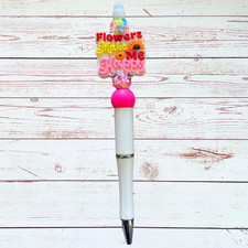 Flowers Make Me Happy White And Pink Sparkle Handmade Beaded Pen- Cute Gift Idea