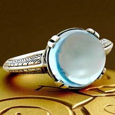 GENUINE 5 CARAT SKY BLUE TOPAZ CABOCHON DECO ANTIQUE STYLE 925 SILVER RING  472