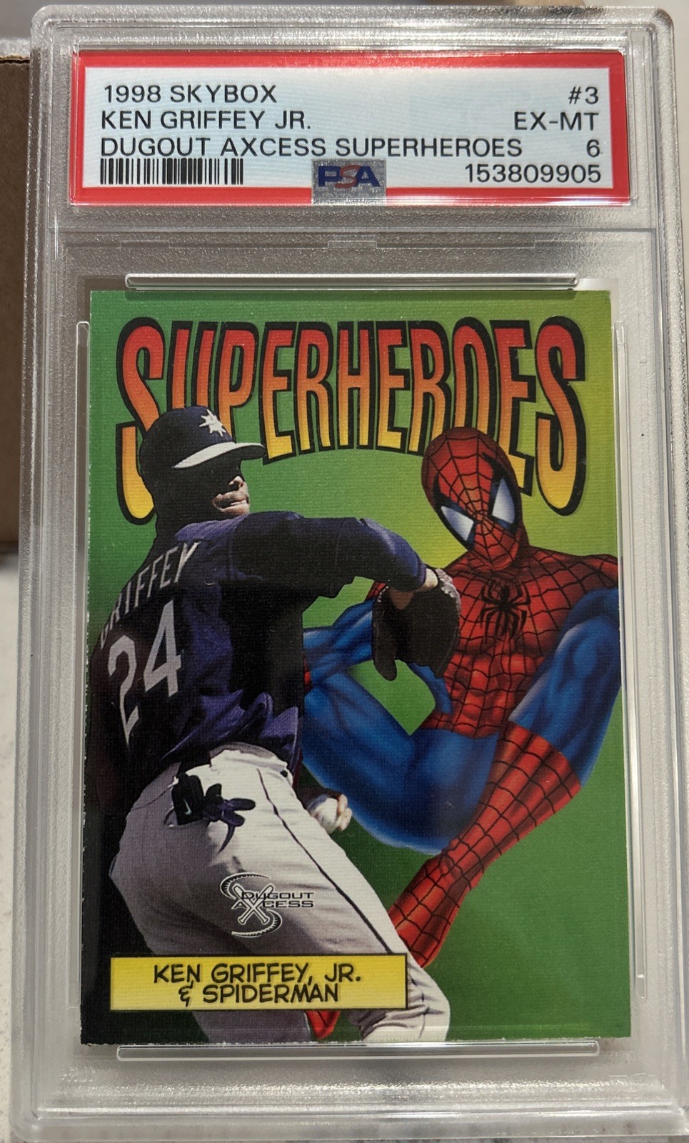 1998 Skybox Ken Griffey Jr. Dugout Axcess Superheroes Spider-Man PSA 6 LOW POP