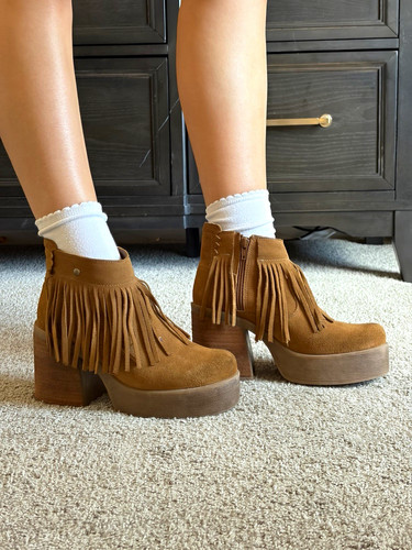 Hush Puppies Womens Brown Suede Fringe Zip Ankle Booties Platform US 9 M