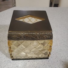 VTG Heavy Amber Lucite Acrylic Square Tissue Box Holder Ant. Gold Ornate Detail