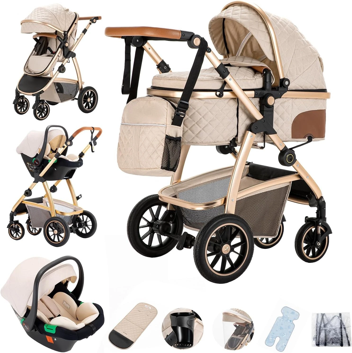 3 in 1 Prams Travel System, Pushchair with Height Adjustable Handle, Travel Pram