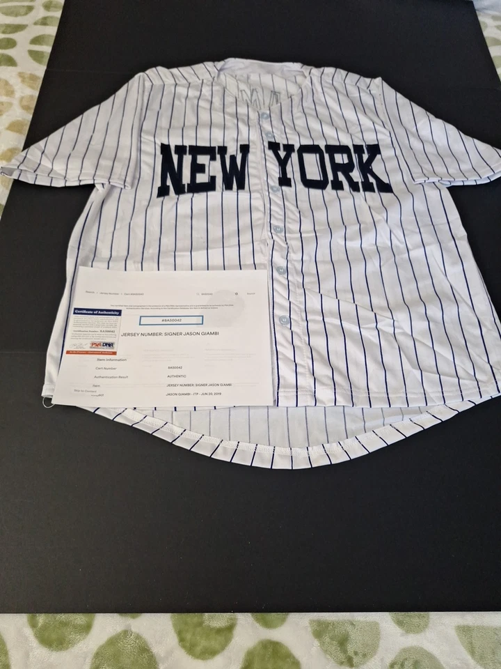 Jason Giambi Custom White Pinstripe Autographed New York Yankees Jersey PSA - Image 2 of 4