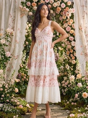 Altar'd State Wildie Floral Mixed-Print Eyelet Maxi Dress with Flutter Sleeves