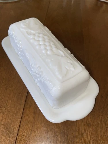 Imperial White Milk Glass Grape Pattern Butter Dish W/ Lid Vtg Serve Ware