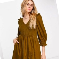 Madewell Lucie Smocked V-Neck Ruffle Shoulder Mini Dress Sm Olive Green Cotton