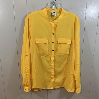 Anne Klein Yellow Long Sleeve Button Down Mock Neck Career Shirt Top M