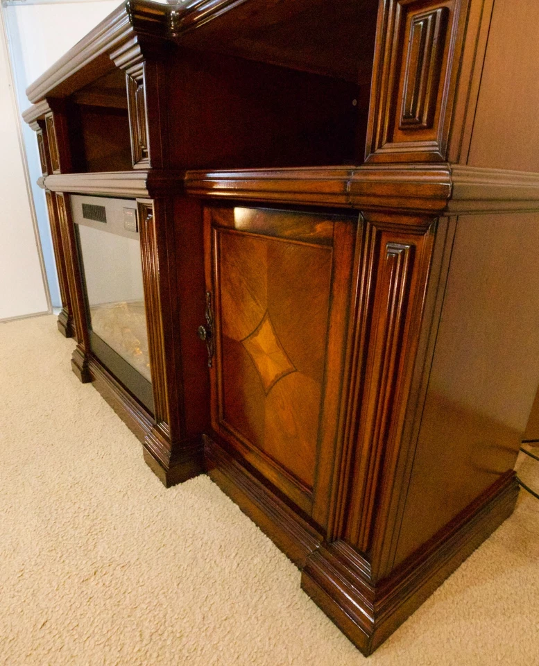 Soporte de TV y Chimenea Eléctrica Incorporada Control Remoto Funcionado, Madera Roja Maciza Foto 3 de 4