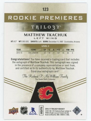2015-16 UD Trilogy Rookie Premieres Ins Autographe Niveau 3 Matthew Tkachuk 14/49 - Photo 2 sur 3