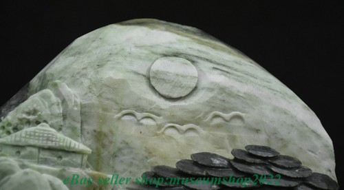 8.8" Chinese Natural Dushan Jade Carved Mountain Tree House Waterwheel Statue - Picture 7 of 11