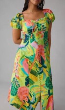 New Farm Rio x Anthropologie Printed Puff Sleeves Sm 4/6 Button Front Linen Midi